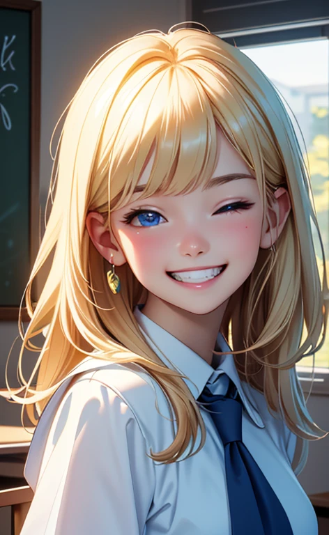 (realistic：1.4、​masterpiece、top-quality、8k size wallpaper、offcial art)、(portrait,upper body:1.6)、(1girl),(grin,Open mouth:1.3),(half closed eyes),cute face,blue eyes、()、
,(stand),(Shining smile),(round face:1.3),
,(slender),(school uniform),(long fluorescence blonde hair1.3), (small breasts)、
、fluorescence、classroom,JK、