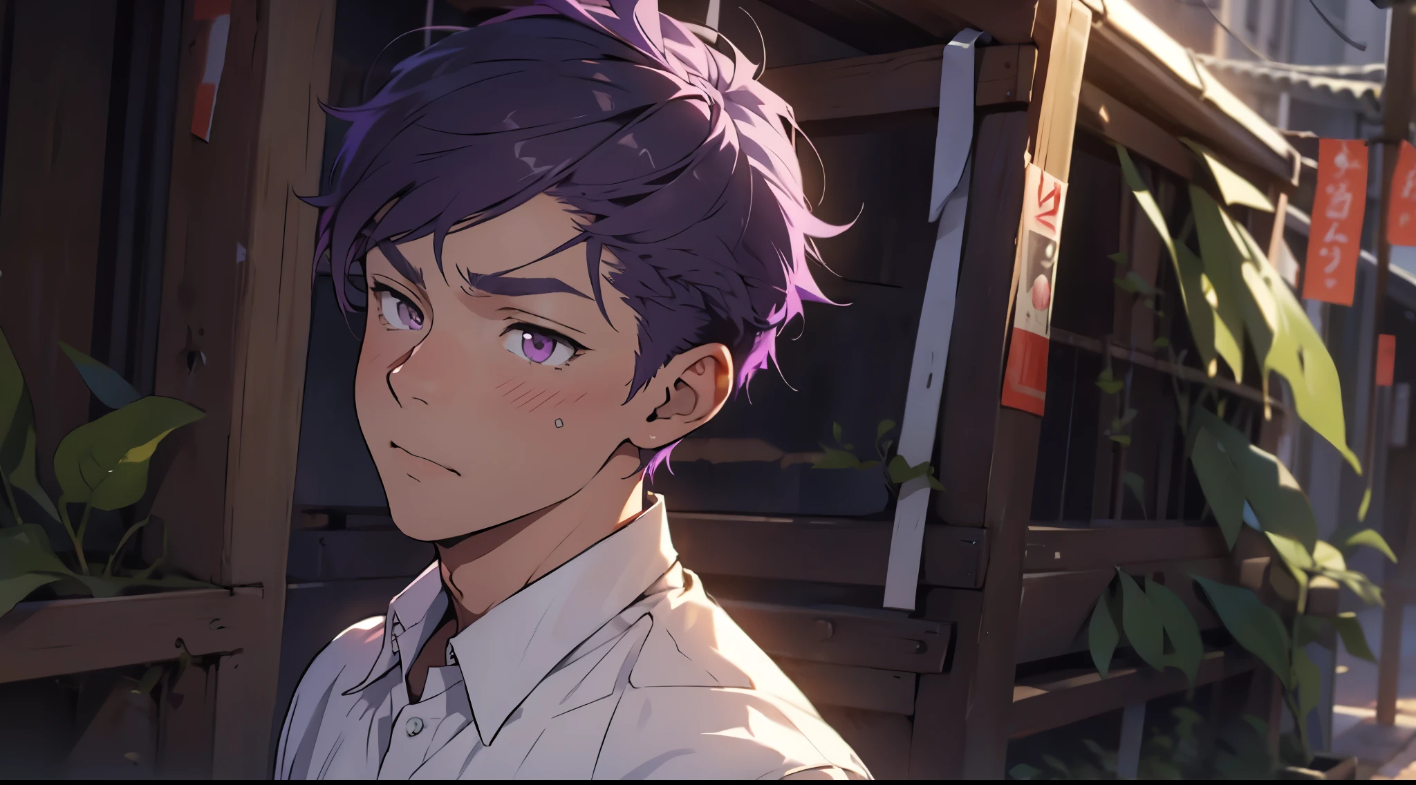 cute boy is upset purple eyes purple hair