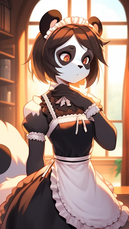 Best quality, Super detailed illustration, warm colors, perfect lighting, perfect detail, ( boy Fluffy panda:1.4) , feminine face and body, disheveled thick hair, maid clothes, confused look, femboy, small waist, wide hips, slim, perfect body, DND style