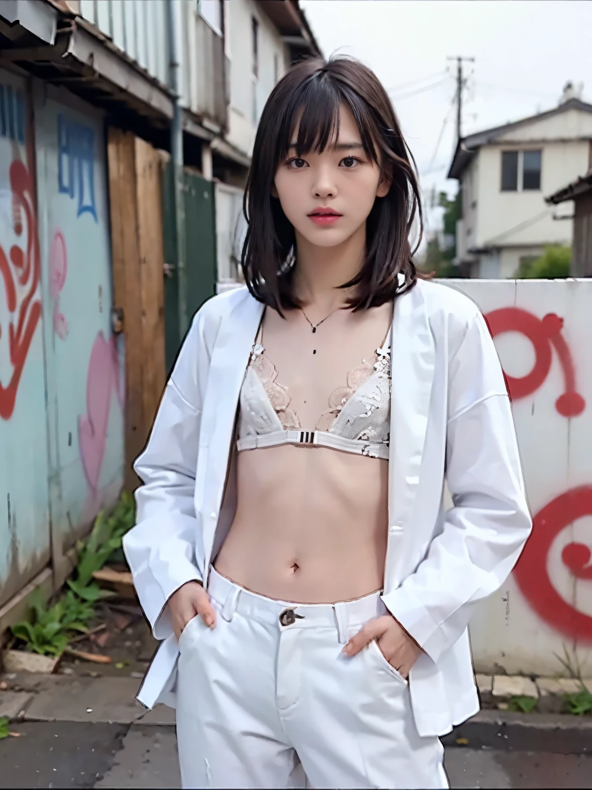 raw photo, 8k, (top-quality), Realistic, (real picture, Intricate details), (natural skin texture, detailed skin, hyper realism, sharpness), (Japanese  girl in a dirty back alley at night, hands in pocket, graffitied wall:1.3), ((white bra, white jersey pants)), (flat chest:1.3, pale skin:1.2, slender body), ((straight hair, bangs)), (seductive face, provocative look, Parted lips:1.3), graffiti:1.5, night time, upper body shot