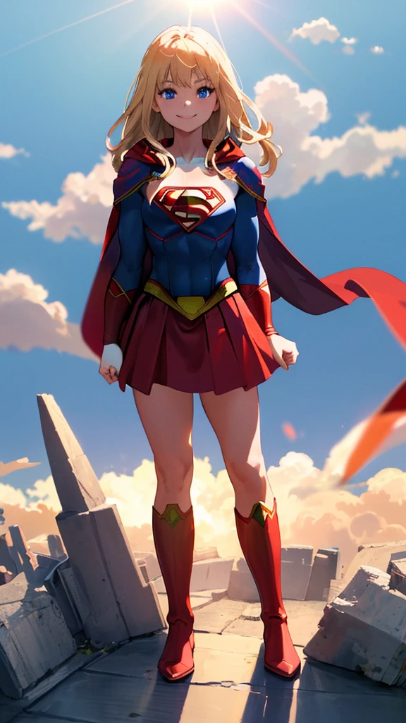 masterpiece, 4k, 8K, high quality, very detailed, detailed face, HDR, Bright colors, Natural light, best shadow, shallow depth of field, portrait of (super girl:1.1) standing on the roof, smile, red skirt, red cloak, red boots with heels, delicate, enchanting blue eyes, nice medium chest, blonde, (Superman symbol on the chest:1.2), barefoot, blue sky, sunlight, cloud, sun, bloom,