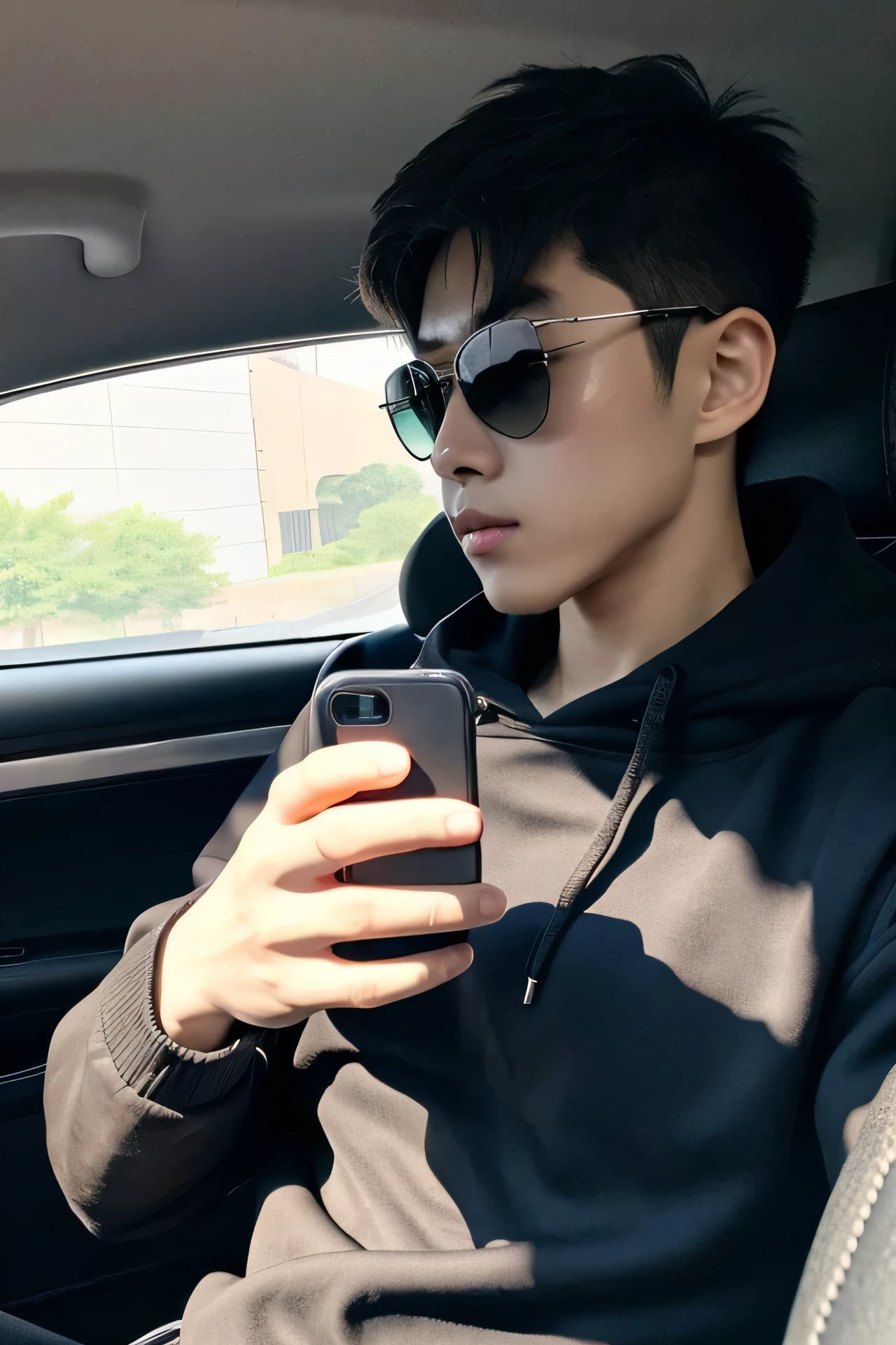 Korean muscular boy that is 17 year old and is wearing a black hoodie and gray sweatpants and dark shades, is inside of a car using his phone.