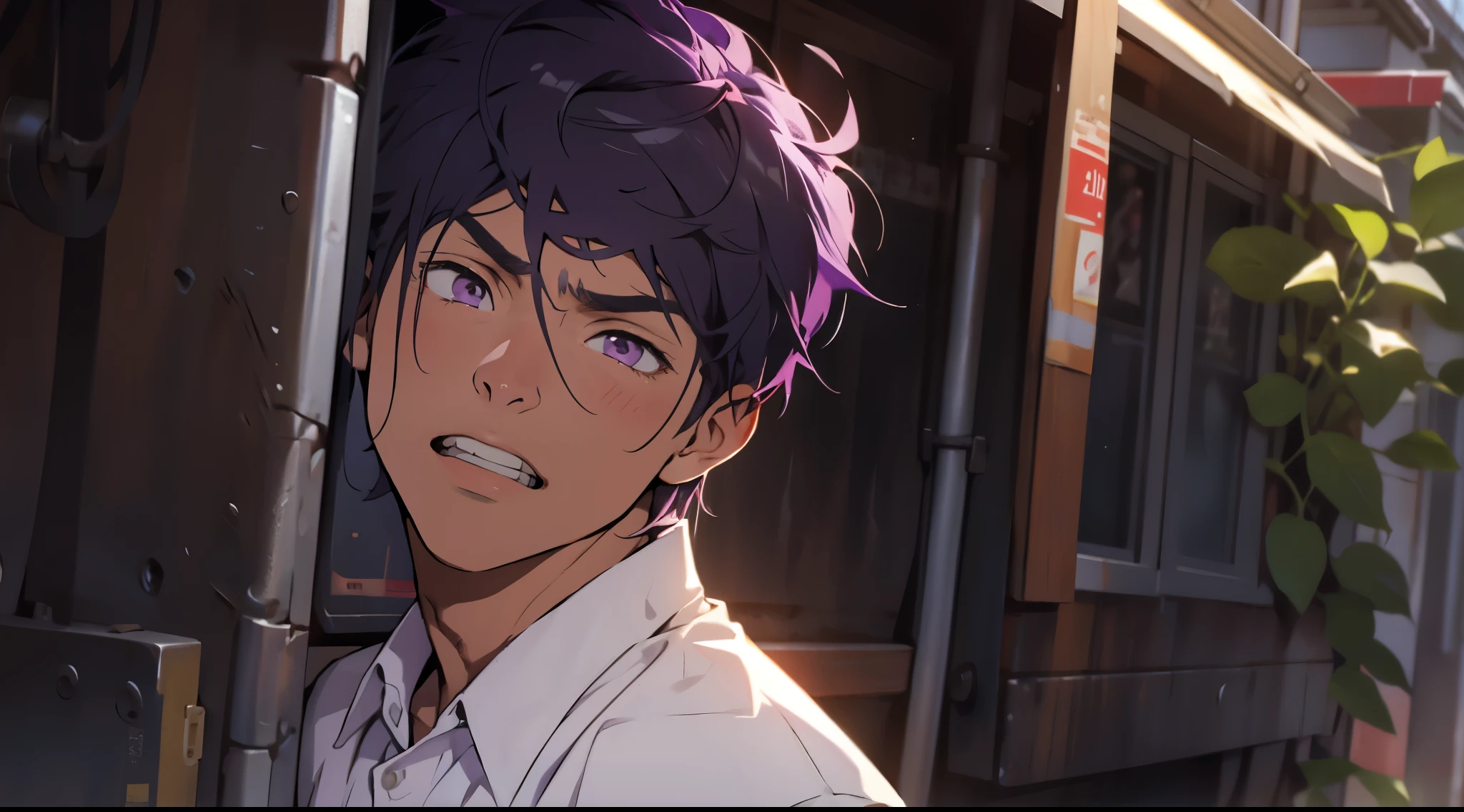 cute boy is upset 17 years old purple eyes purple hair
