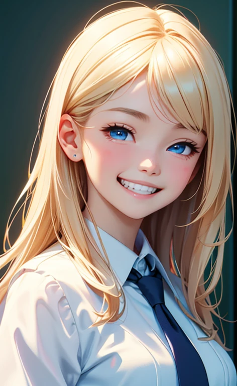 (realistic：1.4、​masterpiece、top-quality、8k size wallpaper、offcial art)、(portrait,upper body:1.6)、(1girl),(grin,Open mouth:1.3),(half closed eyes),cute face,blue eyes、()、
,(stand),(Shining smile),(round face:1.3),
,(slender),(school uniform),(long fluorescence blonde hair1.3), (small breasts)、
、fluorescence、classroom,JK、