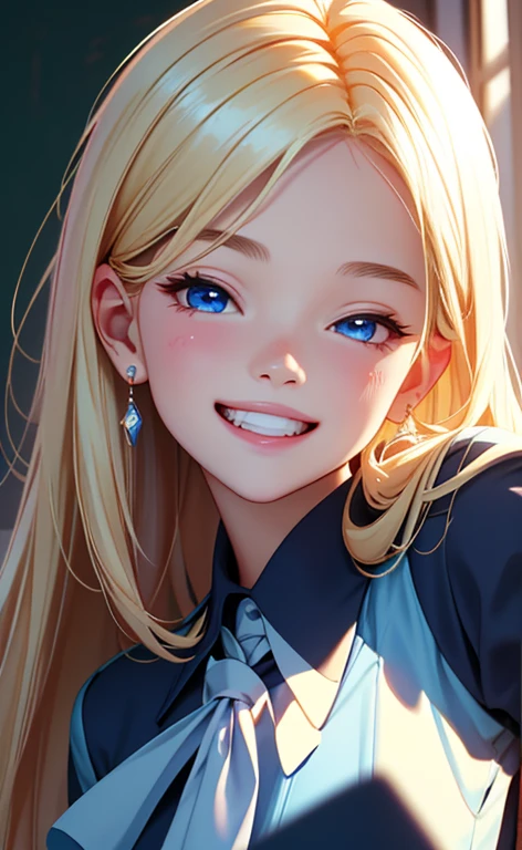 (realistic：1.4、​masterpiece、top-quality、8k size wallpaper、offcial art)、(portrait,upper body:1.6)、(1girl),(grin,Open mouth:1.3),(half closed eyes),cute face,blue eyes、()、
,(stand),(Shining smile),(round face:1.3),
,(slender),(school uniform),(long fluorescence blonde hair1.3), (small breasts)、
、fluorescence、classroom,JK、