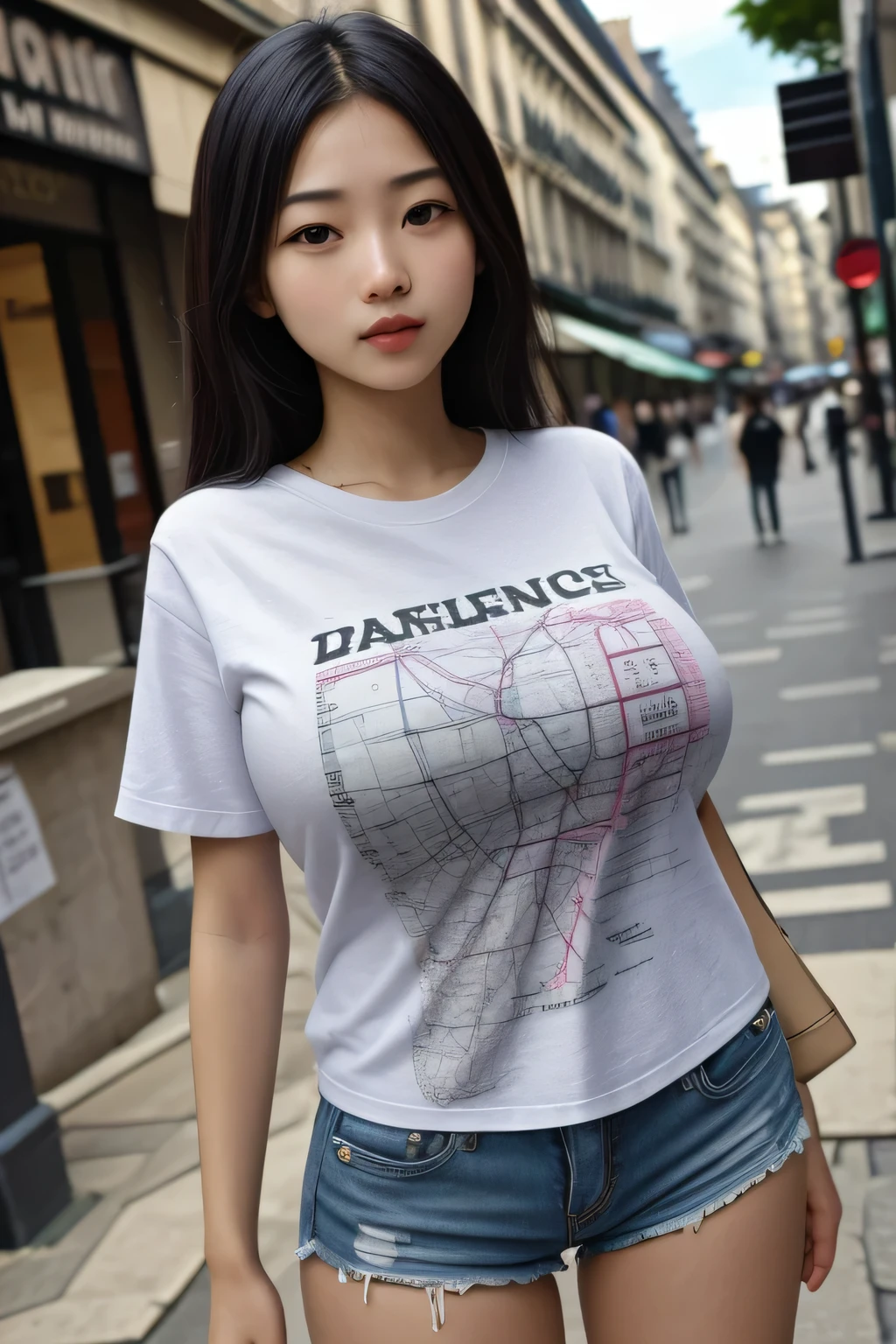 A beautiful girl wearing a T-shirt with a paris map printed on it is standing on the street.giga_busty