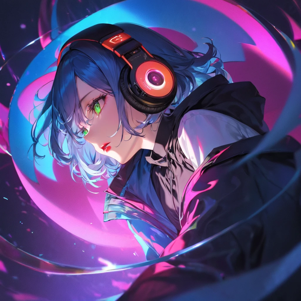 A young and very sexy and beautiful adult woman with large green eyes, long Blue hair. Impeccably make up with red lipstick, dark eyeshadow accentuating her bright eyes. She's dressed in an gothic open jacket that's slightly oversized, wearing a black shirt covering her ample bosom. Sporting large, colorful headphones, she giving a side look tô the camera. She is floating in another chaotic dimension, with purple, pink and blue shapes and lights and shadows. 