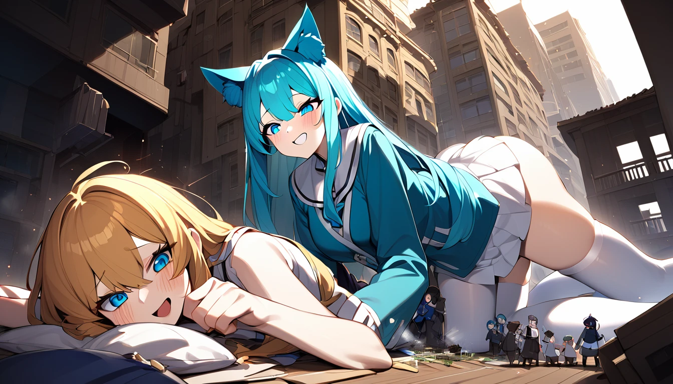 Two huge，Two age girls，short skirt，teasing，Two giant girls taller than the building，Wearing white stockings，Lying on his stomach，Face down，arrogant，Laughing，There are a lot of little people around，Toyed around，shrouded in the villain，arrogant巨大的，cyan hair，Blue cat ears，Two teengirls，short skirt，Teasing the villain，Two giant girls taller than the building，arrogant