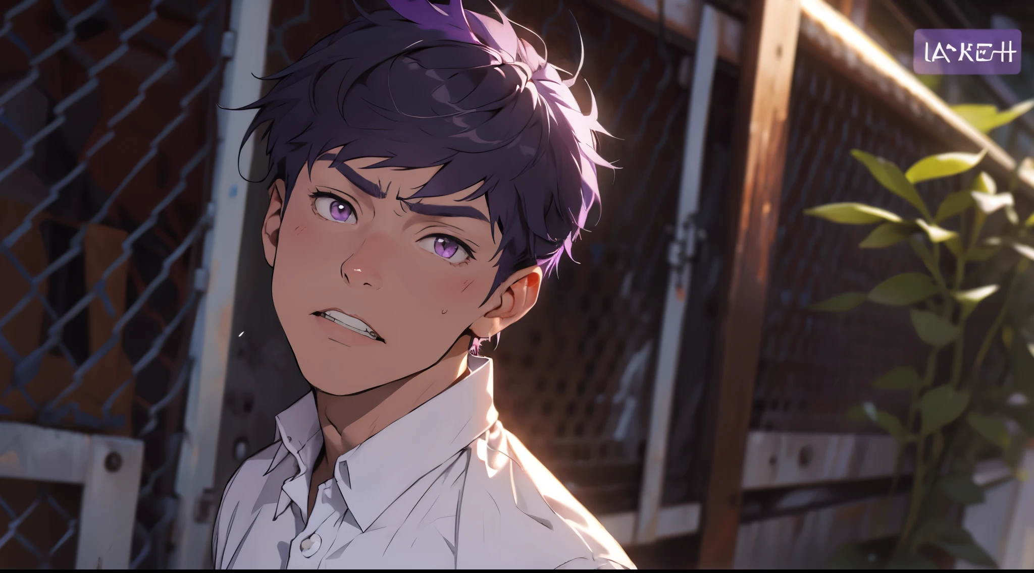 cute boy is upset purple eyes purple hair