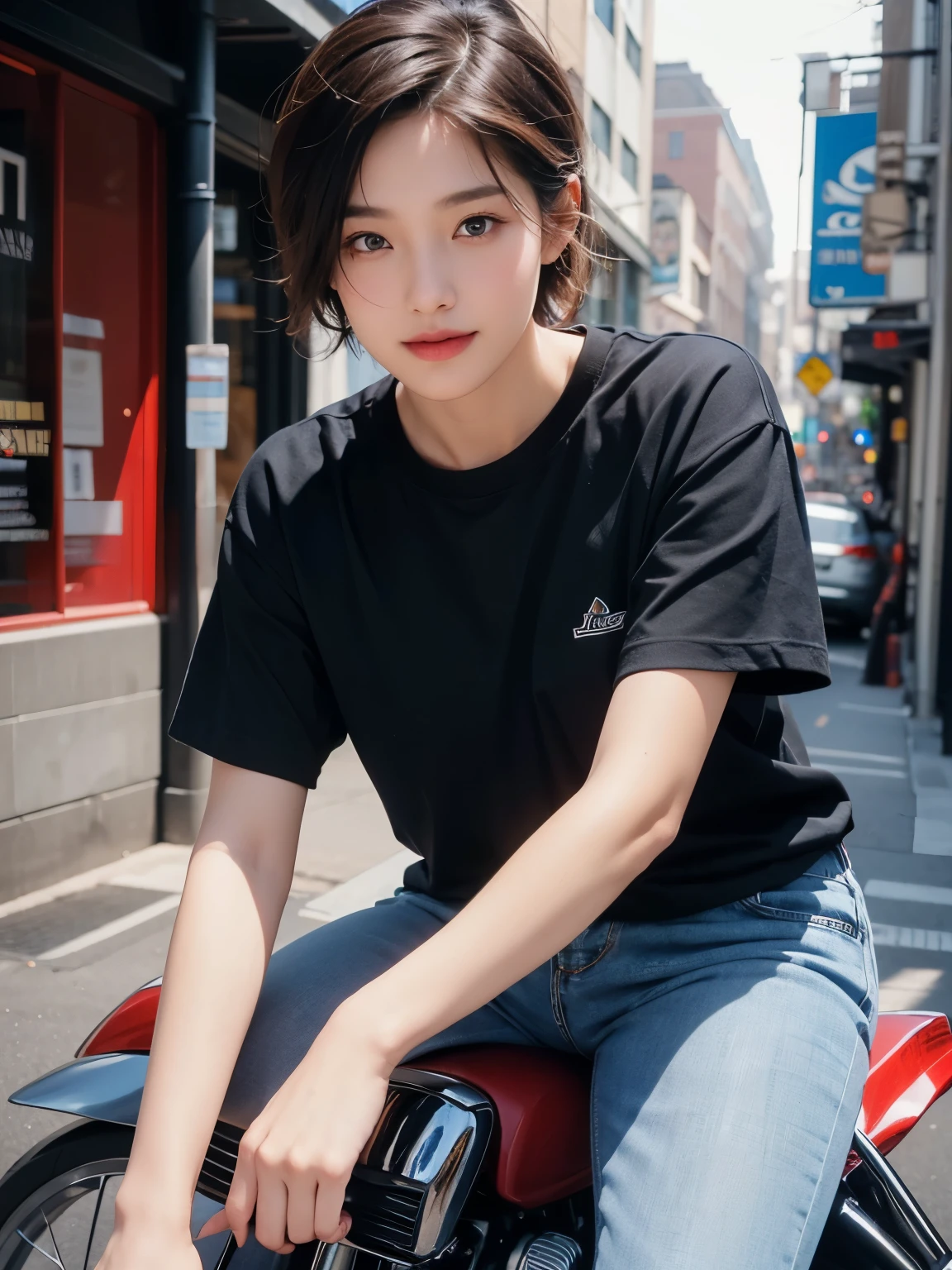 (masterpiece:1.3), (8K, realistic, Raw photo, highest quality:1.4), (realistic face), (black hair, short hair:1.3), beautiful hairstyle, realistic eyes, Detailed and beautiful blue eyes, (realistic skin), (beautiful skin), (((Straddling a motorcycle))), Charm, ultra high resolution, surreal, golden ratio, ((smile)), ((full body shot)), (((Light brown short sleeve shirt)))、(Jeans and basketball shoes)