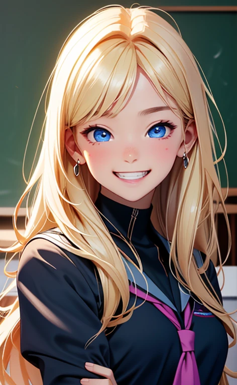 (realistic:1.4、masterpiece、top-quality、8k size wallpaper、offcial art)、(portrait,upper body:1.6)、(1girl),(grin,Open mouth:1.3),(half closed eyes),cute face,blue eyes、()、
,(stand),(Shining smile),(round face:1.3),
,(slender),(school uniform),(long fluorescence blonde hair1.3), (small breasts)、
、fluorescence、classroom,JK、