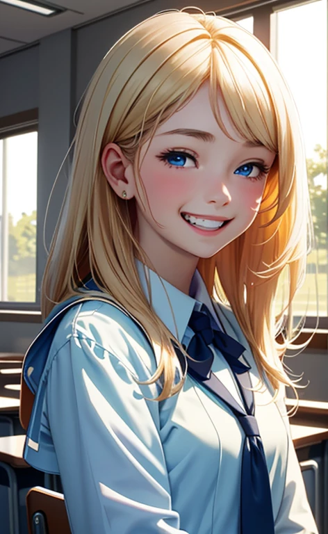 (realistic:1.4、masterpiece、top-quality、8k size wallpaper、offcial art)、(portrait,upper body:1.6)、(1girl),(grin,Open mouth:1.3),(half closed eyes),cute face,blue eyes、()、
,(stand),(Shining smile),(round face:1.3),
,(slender),(school uniform),(long fluorescence blonde hair1.3), (small breasts)、
、fluorescence、classroom,JK、