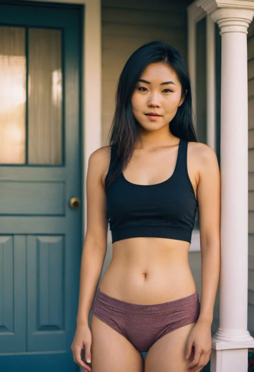 (bright face:1.3), (bright body:1.3), medium shot, photography of (asian:1.3), (20 year old woman:1.3), (solo:1.3), (wearing small panties and a tank top:1.2), standing up, Torptits, stretchmarks and veins on , (looking at viewer:1.3), (eye contact:1.3), on the front porch, in golden hour, flat lighting, (soft saturation:1.2), analog style, 