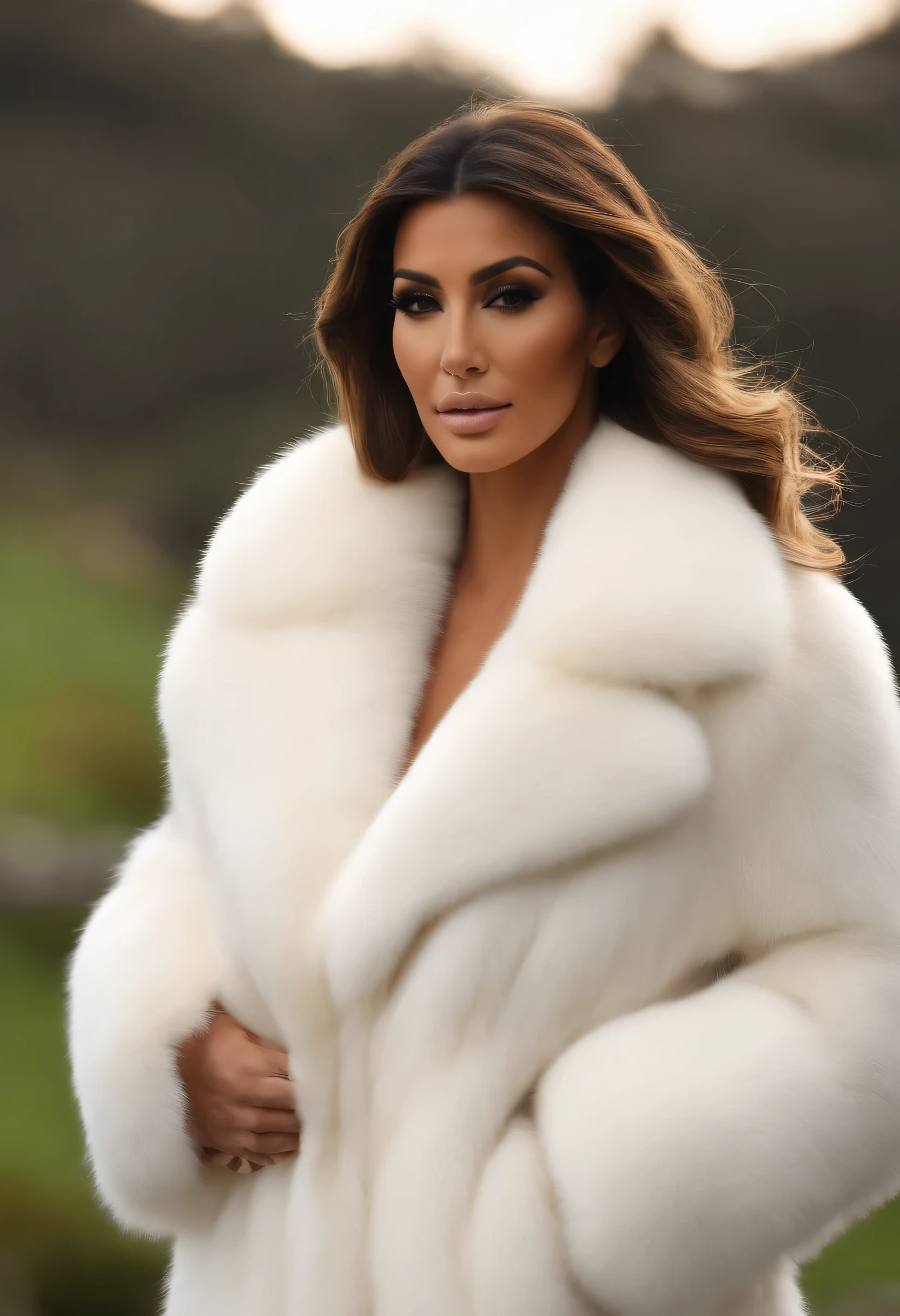 A very wide and very thick, manteau de fourrure extra long, en vison blanc, fifty centimeters thick, duveteux, naturel, with an ultra thick white mink fur collar, three layers, sur Kim Kardashian, fully nude profile view, elle pose les mains sur les seins, bare shoulders, and two large breast discovered by the fur, at sunny Pebble Beach golf