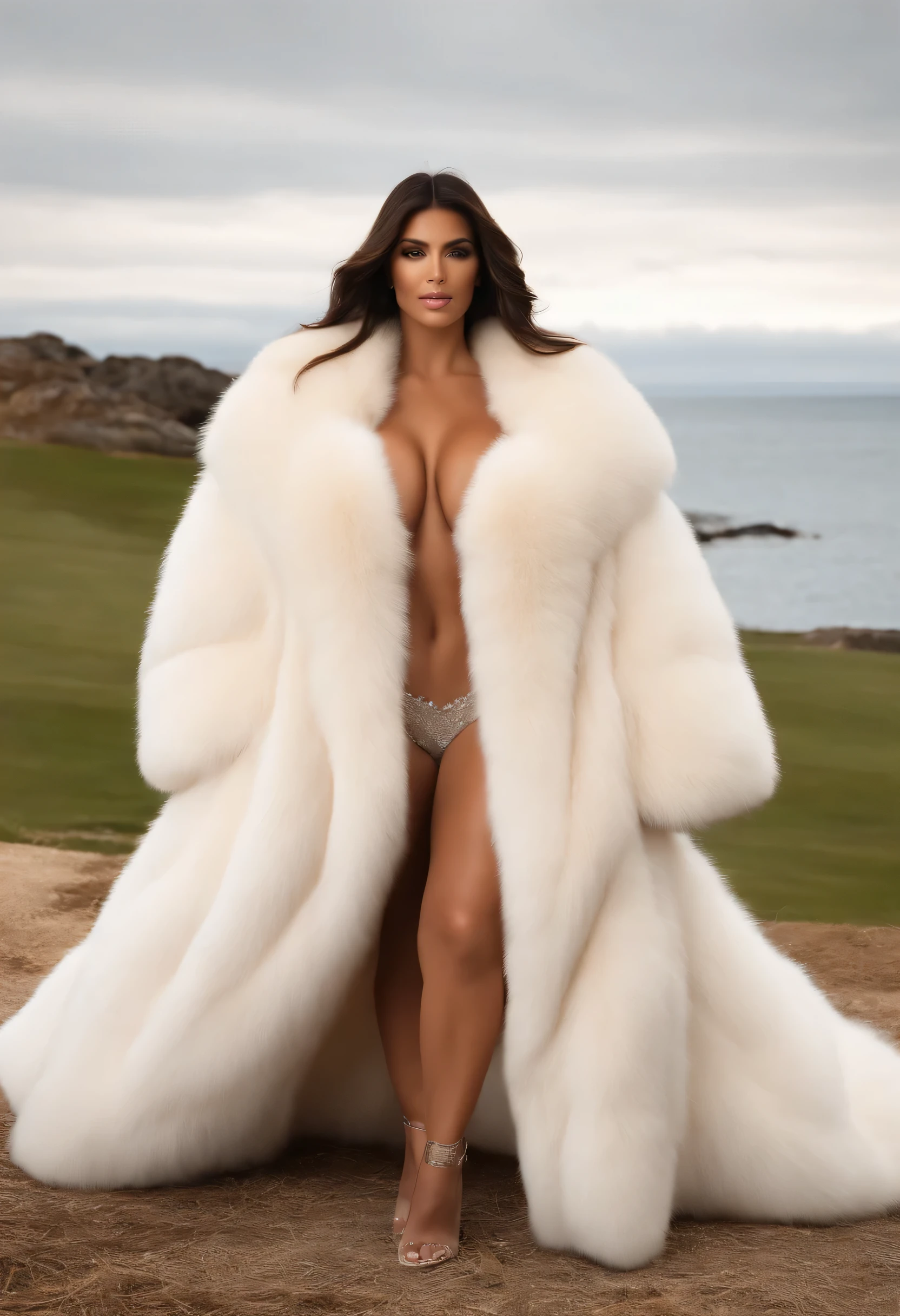 A very wide and very thick, manteau de fourrure extra long, en vison blanc, fifty centimeters thick, duveteux, naturel, with an ultra thick white mink fur collar, three layers, sur Kim Kardashian, fully nude profile view, elle pose les mains sur les seins, bare shoulders, and two large breast discovered by the fur, at sunny Pebble Beach golf