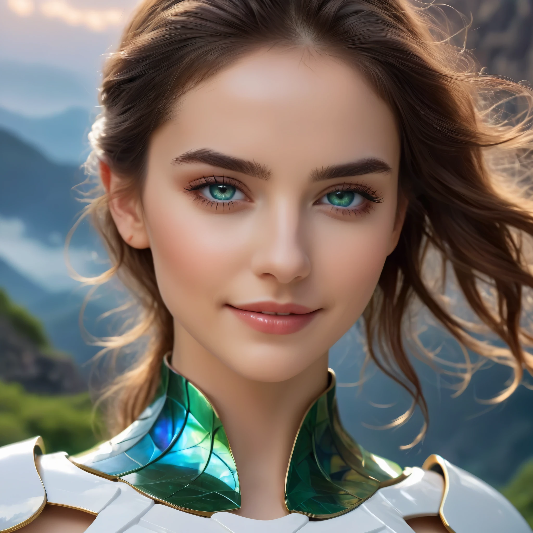 (best quality,4k,8k,highres,masterpiece:1.2),ultra-detailed,(realistic,photorealistic,photo-realistic:1.37),Official art, (1 beautiful teenage Italian girl:1.1), (wearing detailed white bodyarmor with beautiful fractal or marble design:1.3), (seductive smile:1.1), (captivating smile1.2), ((High quality)), ((Detailed)), ((Fantasy)), Blue Plasma Brain, Green Plasma Body, Vulgarity, beutiful breast, obscenity, (Lewd smile:1.2), coarse, Obscene, mean, (raunchy:1.2), (Immoral:1.2), Lachish, (small breasts with beautiful raised areolas:1.3), (Cameltoe), (Expression of ecstasy:1.2), (Incredibly beautiful nature background:1.6), (18 years old:1.5), (Sexy and glamorous:1.1), (A coquettish expression:1.1), (seductively smiling:1.1), (Full body), (erotic posing:1.5), (showing her armpit:1.4), Beautiful seductive face, Portrait, (Thick eyebrows:0.7), (detailed large iridescent eyes:1.4), Beautiful eyes with fine symmetry, Intimate face, (ultra detailed skin texture:1.1), pale skin, Perfect Anatomy, (Beautiful toned body:1.1), Hair Bow, (Moist skin:1.2), no makeup, dark circles, Focus Face, good-looking, (Emilia Clark:0.6) (Emma watson:0.3),(Jennifer Connelly:0.4), (sensual face:1.3), Elegant face, Dolce, (Around her neck is a simple necklace of exquisite workmanship), (Bioluminescence with brilliant brilliance:1.3), (Luminous magic circle:1.2), Shining majestic cloud masses and sky, lightning bolt, Epic Realistic, (Greg Rutkowski:0.2), (teal and orange:0.4), (Art Station:1.5), Cinematic, (nfsw:1.3), Hyper Detailed, natural Lighting, (Intricate details:1.1),