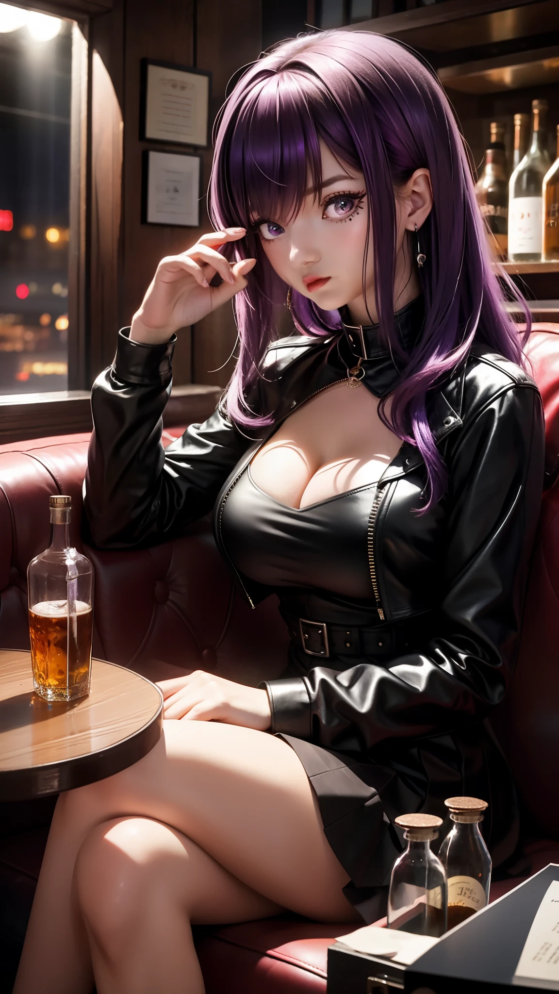 (best quality:1.1), (Masterpiece:1.2), High quality shadow, beautiful details, Beautiful face, Detailed eyes, depth of field, high resolution, best shadow, best light, 1 girl, see the audience, shiny purple hair, smooth, blunt, long hair, ruby pink eyes, shy, Very big breasts, pump, Single strap shirt, black leather jacket, black leather skirt, table, glass, liquor bottle, night time, rift, Lonely eyes, pub bar background, sexy woman, cold, pov, Cool Woman ,ear jewelry, Sitting, sofa