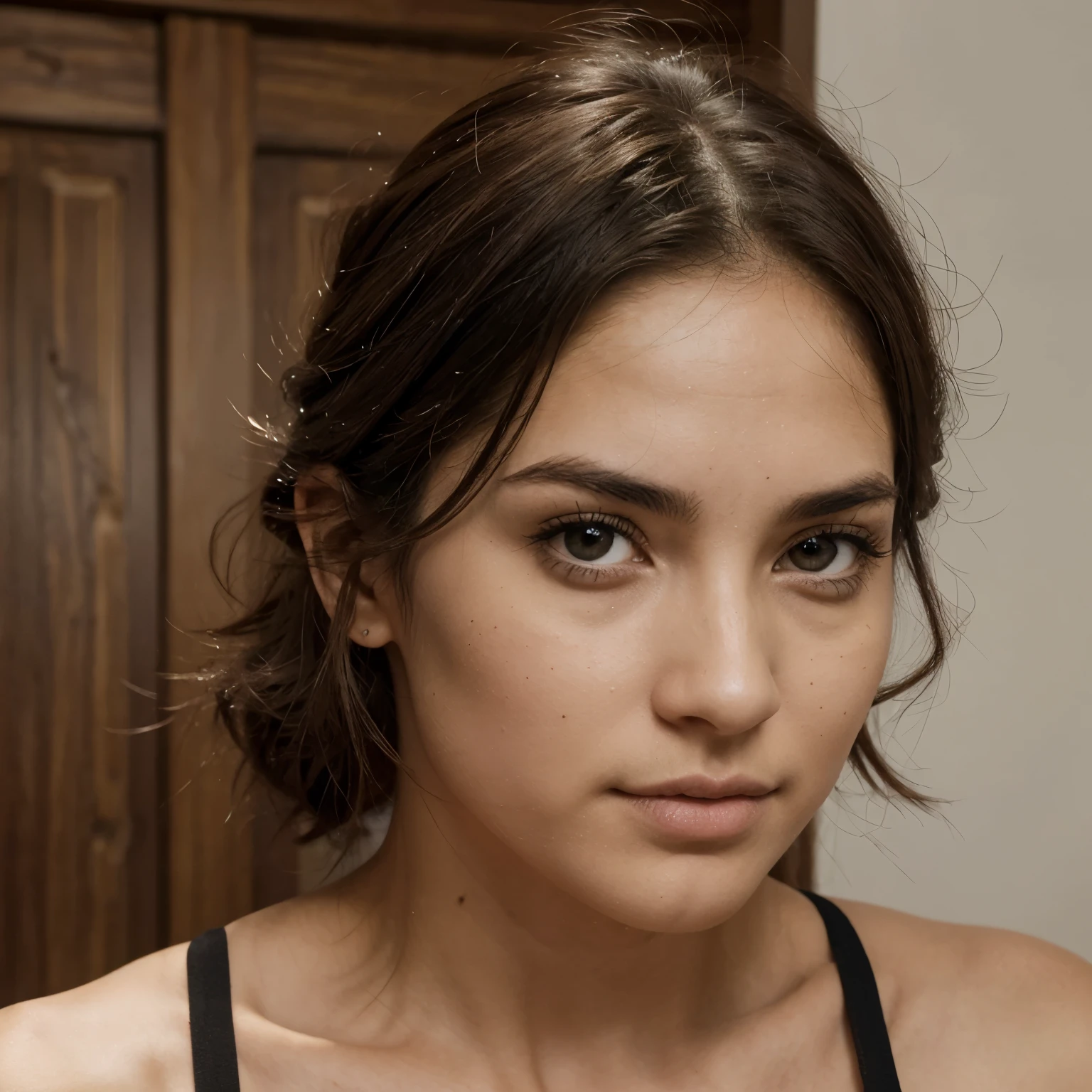 Chica de pelo corto hasta arriba de los hombros, lacio pero un poco ondulado y color cobrizo medio oscuro, deep, slightly light brown eyes, piel blanca, cejas gruesas y negras, inverted triangle face, marked cheekbones and chin, delgada, small and medium thick mouth, tierna pero dominante, con vibras soft y sexis