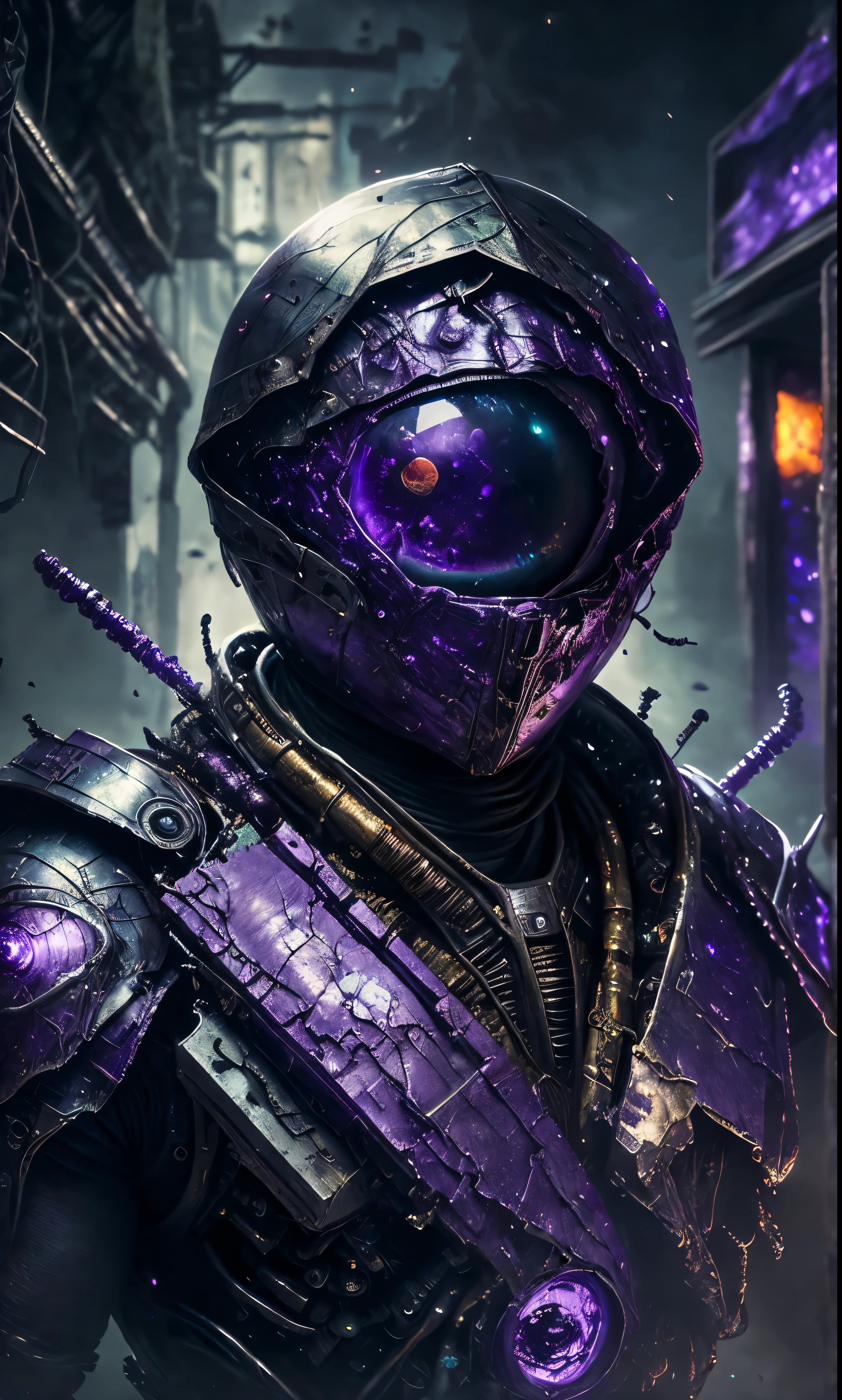 breathtaking cinematic science fiction photo of a portrait of a non human masked Grim wrapped in purple chrome metal skin, body full glowing metrics inside, glowing multicoloured eyes, multifaceted eyes, metallic arms, inside a destroyed building, extremely menacing creature, highly detailed, award-winning
