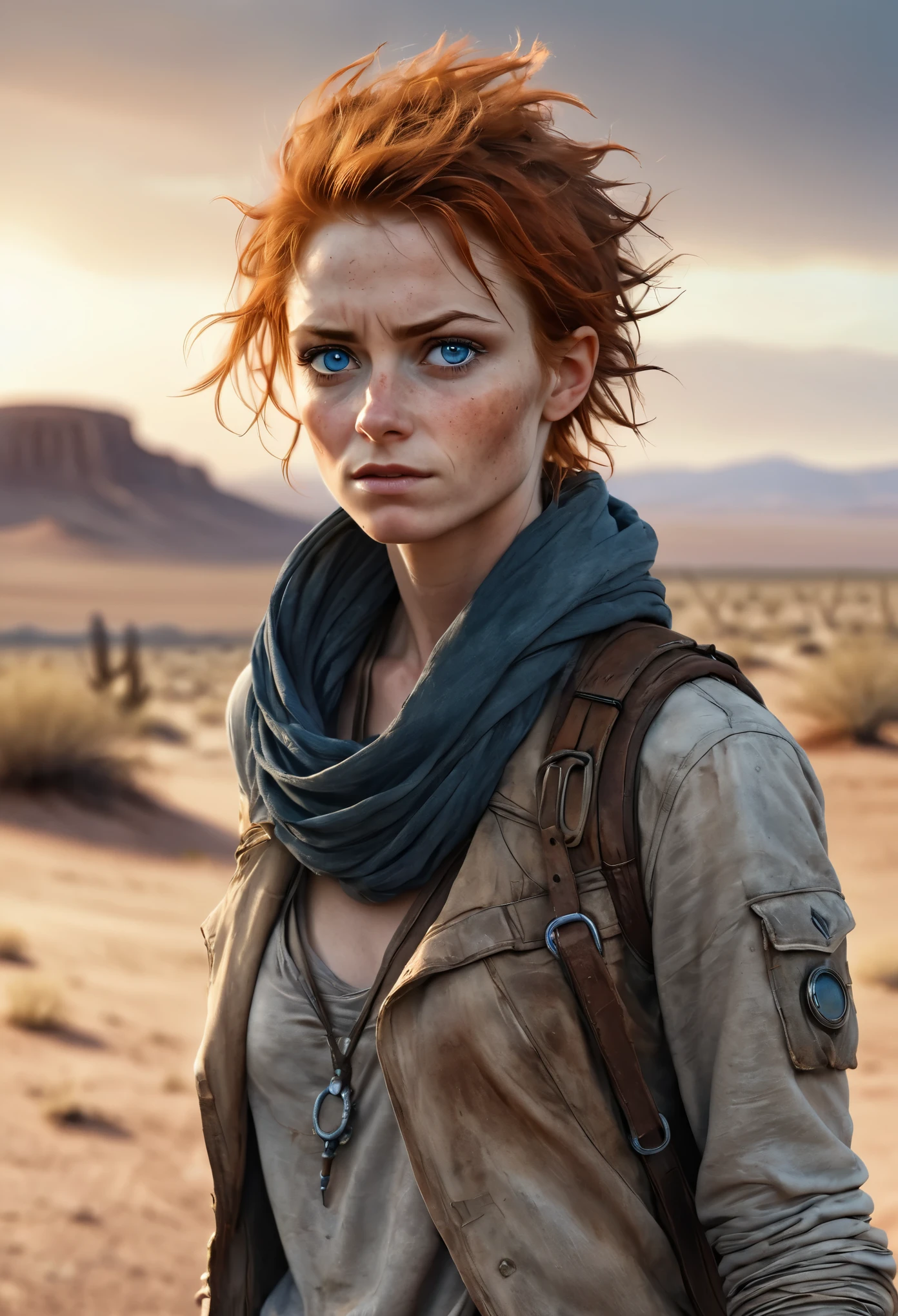 photorealistic, (Masterpiece photo), full body shot, a desert post apocalyptic landscape at sunset, (in the style of desert rangers from "Wasteland"), a cute woman with ginger short disheveled hair, post apocalyptic nomadic clothes, natural skin texture, blue-grey eyes, some freckles on face, skinny runners body, detailed face, and eyes, ultra realistic face, looking tired, tattered fabric, unconventional accessories, action movie picture, in dinamic, dark arts, 16K, ultra high res, analog photo style, depth of field, UHD, RAW, DSLR