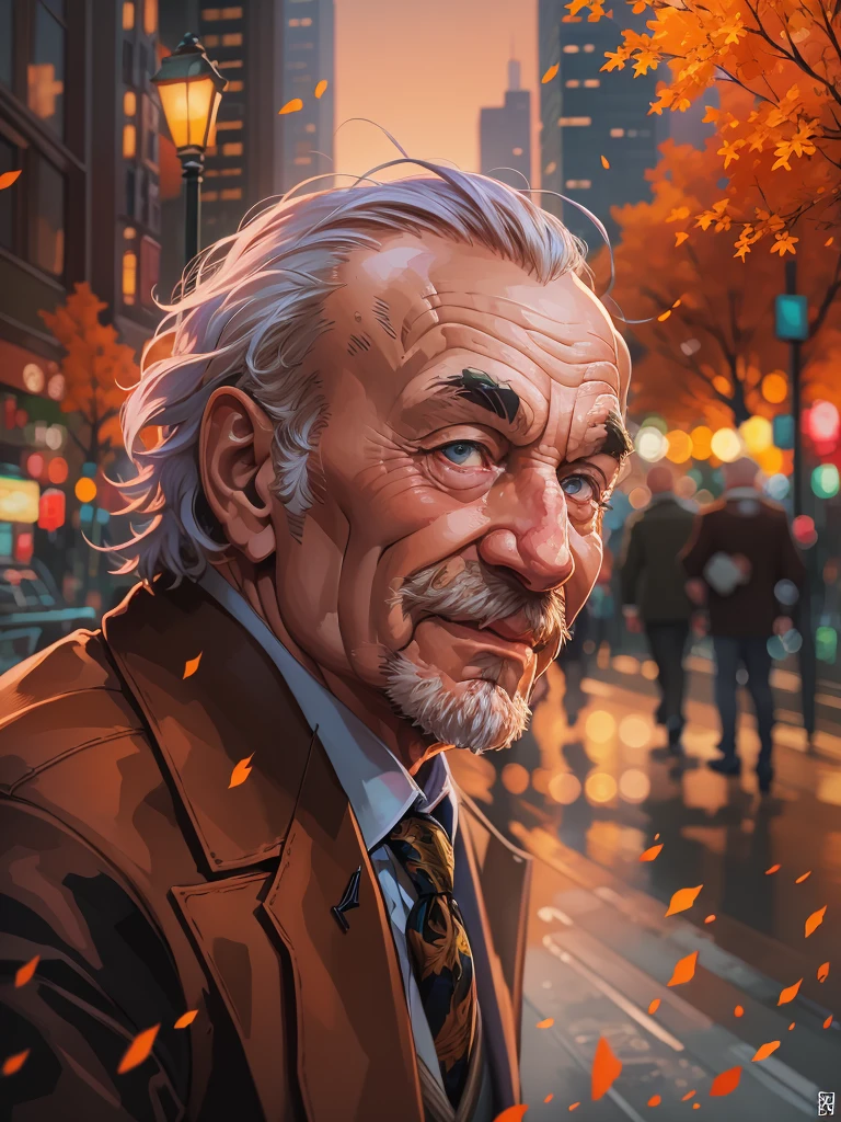 (best quality,4k,8k,highres,masterpiece:1.2),ultra-detailed,(realistic,photorealistic,photo-realistic:1.37),portrait, muscular old man, cityscape background, happy expression, autumn colors, stylish suits and ties, vector art style, mwvector, vibrant colors, warm lighting, flowing hair, elderly wrinkles, fine facial features, confident posture, bustling urban atmosphere, vibrant city lights, sharp focus, professional digital painting.