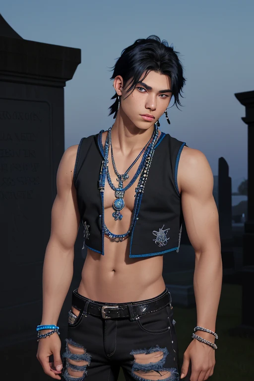 20-year-old Native American boy, blue-black hair, short blue sleeveless shirt, open black military vest, trident print, slim muscular complexion, black jeans, looking straight at the viewer, blue eyes, dragon medallion, blue bead bracelets on both arms, in the background of a cemetery at night