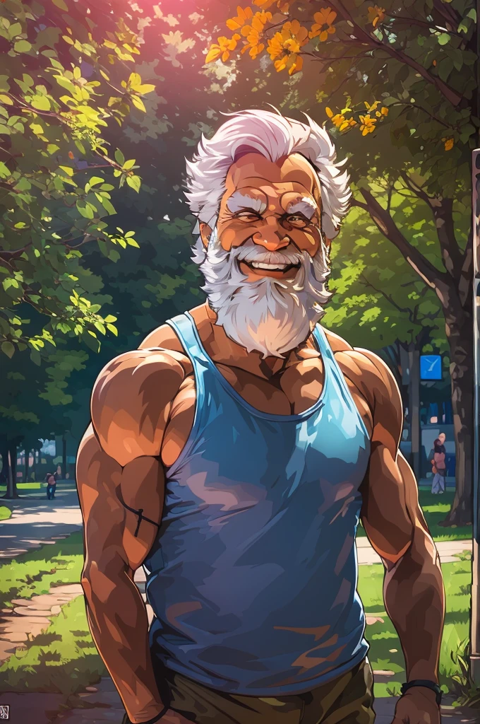 (better than)4k,highres,ultra-detailed portrait of a muscular old man with a happy expression, located in a vibrant park scene. The man's face is extremely detailed with beautifully wrinkled skin and expressive eyes. He has a long, white beard and a friendly smile that lights up his face. His muscular physique is emphasized by the snug fit of his blue t-shirt, which highlights his strong arms and broad shoulders. The park is filled with lush green trees and colorful flowers, creating a summery atmosphere. The lighting is warm and soft, casting gentle shadows on the man's face, accentuating his features. The artwork is created in a vector style, giving it a clean and polished look. The colors used are vivid and vibrant, adding a sense of liveliness to the portrait.