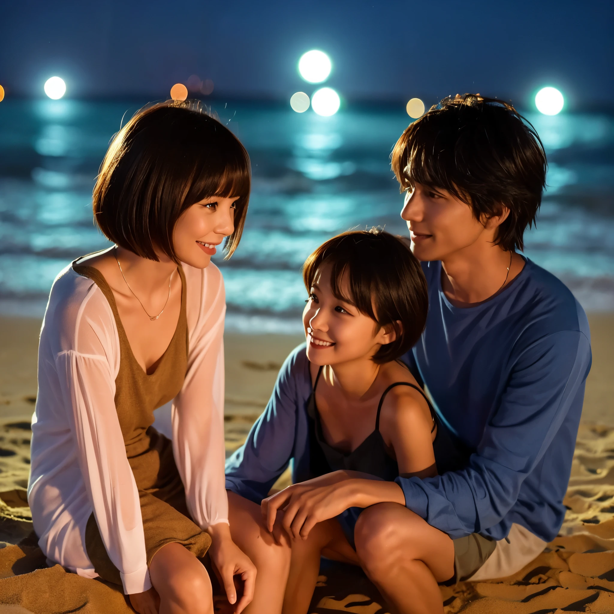 A couple is sitting on the beach at night. They look a little like mini characters. The girl has a bob haircut.、boy is mash