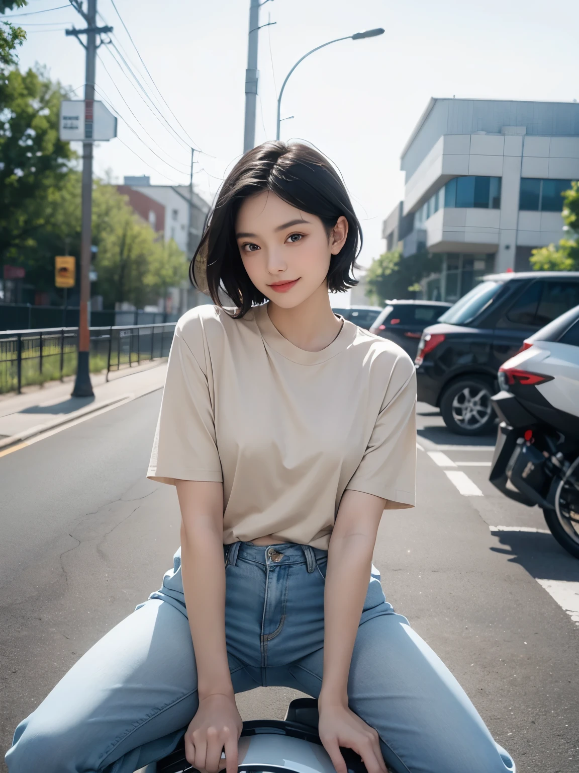 (masterpiece:1.3), (8K, realistic, Raw photo, highest quality:1.4), (realistic face), (black hair, short hair:1.3), beautiful hairstyle, realistic eyes, Detailed and beautiful blue eyes, (realistic skin), (beautiful skin), (((Straddling a motorcycle))), Charm, ultra high resolution, surreal, golden ratio, ((smile)), ((full body shot)), (((Beige short-sleeved shirt)))、(Jeans and basketball shoes)