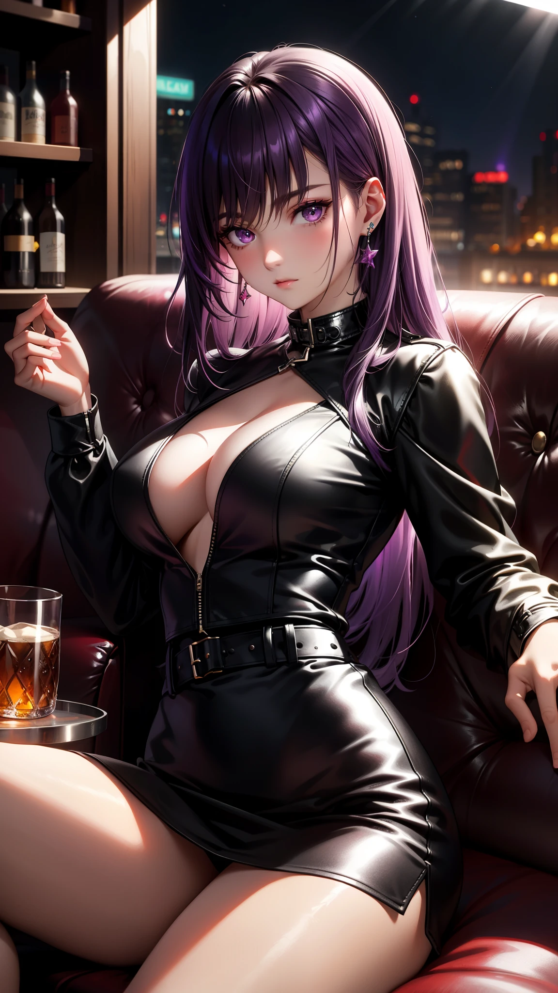 (best quality:1.1), (Masterpiece:1.2), High quality shadow, beautiful details, Beautiful face, Detailed eyes, depth of field, high resolution, best shadow, best light, 1 girl, see the audience, shiny purple hair, smooth, blunt, long hair, ruby pink eyes, shy, Very big breasts, pump, Single strap shirt, black leather jacket, black leather skirt, table, glass, liquor bottle, night time, rift, Lonely eyes, pub bar background, sexy woman, cold, pov, Cool Woman ,ear jewelry, Sitting, sofa