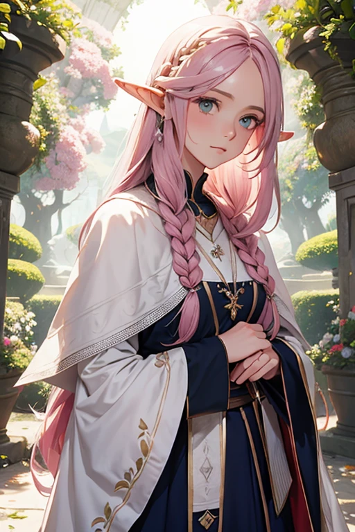 Elfo de cabelos longos e rosa classe druida rpg cabelos con flores vetido saia grende 