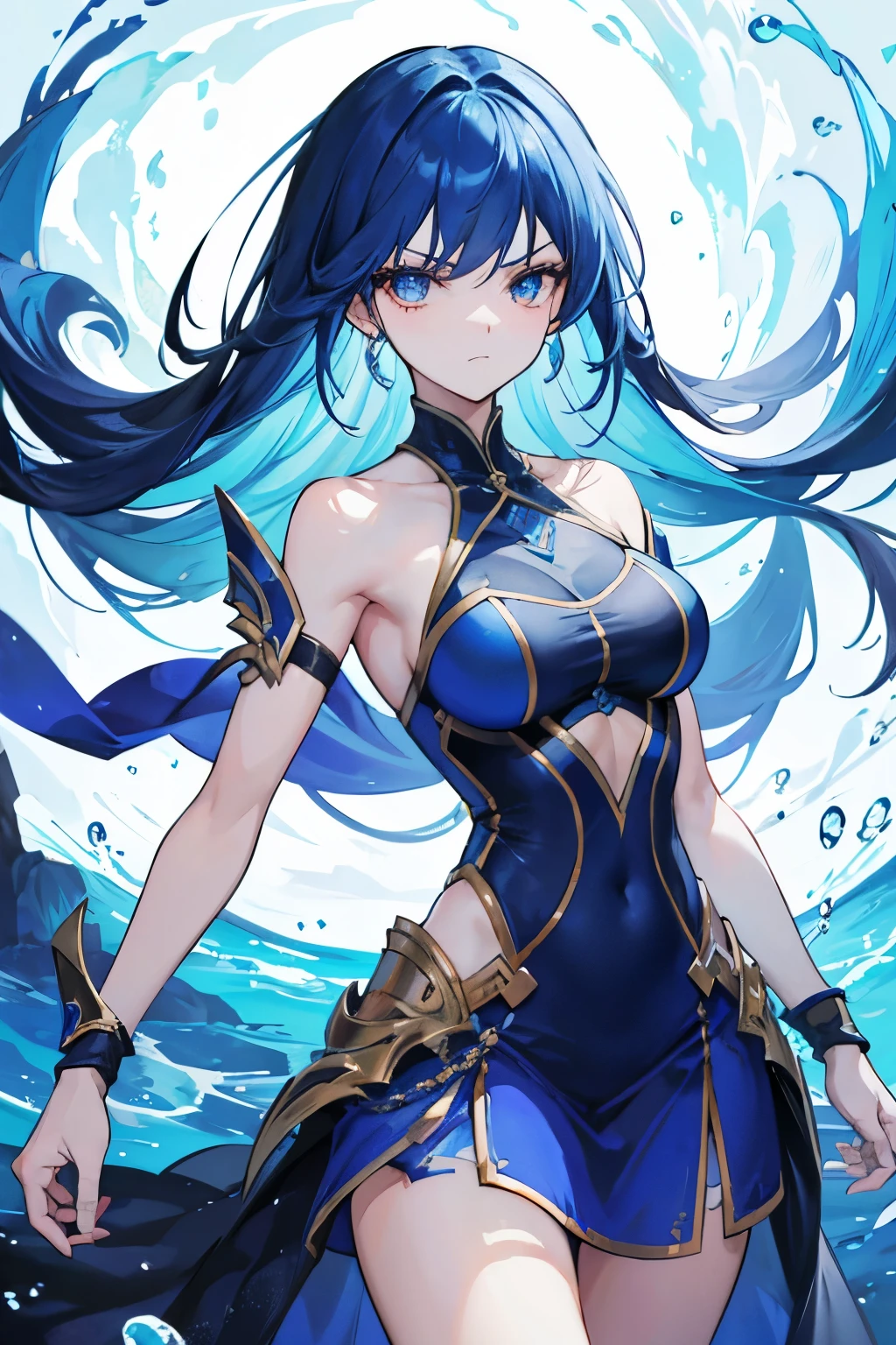 a tall, muscular girl, with blue hair, surrounded by water, with a fierce look, who wears a dress