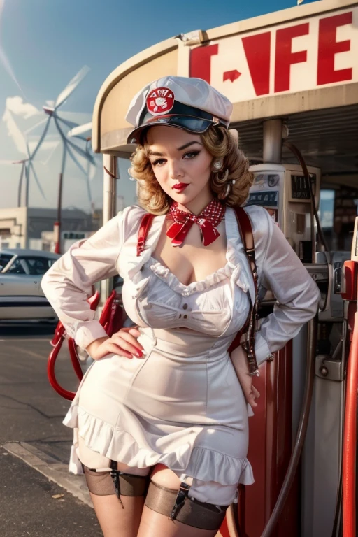 (((Vintage PinUp Girl standing at the gas station trying to fill up a hot rod, wind is blowing up the Lapel Dress), knees pressed together, visible nylons and garter belts, embarrassed face, astonished face, frightened face: 1.5))), (1Gas station attendant tries to help: 1.3), Long curly sopper hair, big eyes, long eyelashes, amazed face, very sexy, high heels sandals, tight waist, silky skin, doll like face, shiny red lippstick, shiny red fingernails, (tries to help, (windy hair: 1.2), Ruffles, frilly Panties, Insert the tap into the tank nozzle, Gas station attendant cap
