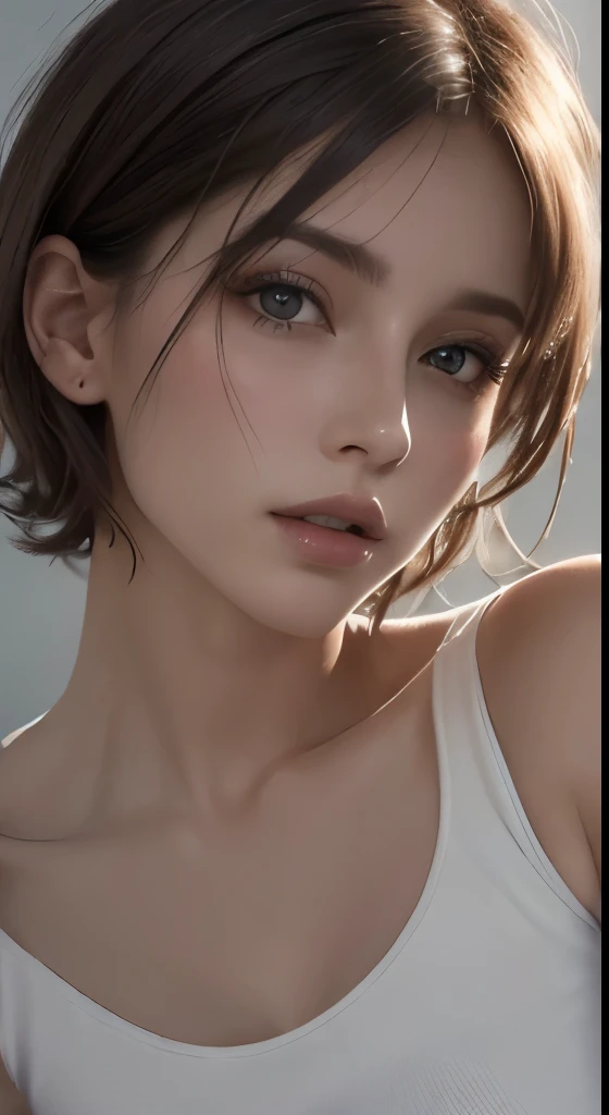 8k uhd、RAWphotograph、モデルphotograph撮影、 (masterpiece, highest quality, photorealistic, High resolution, photograph: 1.3), Close-up, Focusing, hot models, slim, 30 year old mature woman、small face、short cut hair、dark brown hair、Detailed beautiful eyes、realな肌, (perfect body), Sexy hot face, erotic, sexual gaze, slim, Sweat top, Detailed beautiful eyes、glossy lips、small breasts、、bust B cup、((bright light、dynamic lighting、real、超real、 realism、realistic details、Cool Beauty、cool pose、sexy costume、background gray、Plain gray background