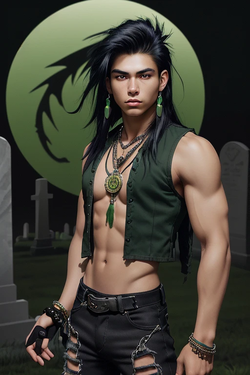20-year-old Native American boy, black hair, green locks, short green sleeveless shirt, black open military vest, dragon print, muscular complexion, slim black jeans, looking straight at the viewer, green eyes, medallion of swords, blue bead bracelets on both arms in the background of a cemetery at night 