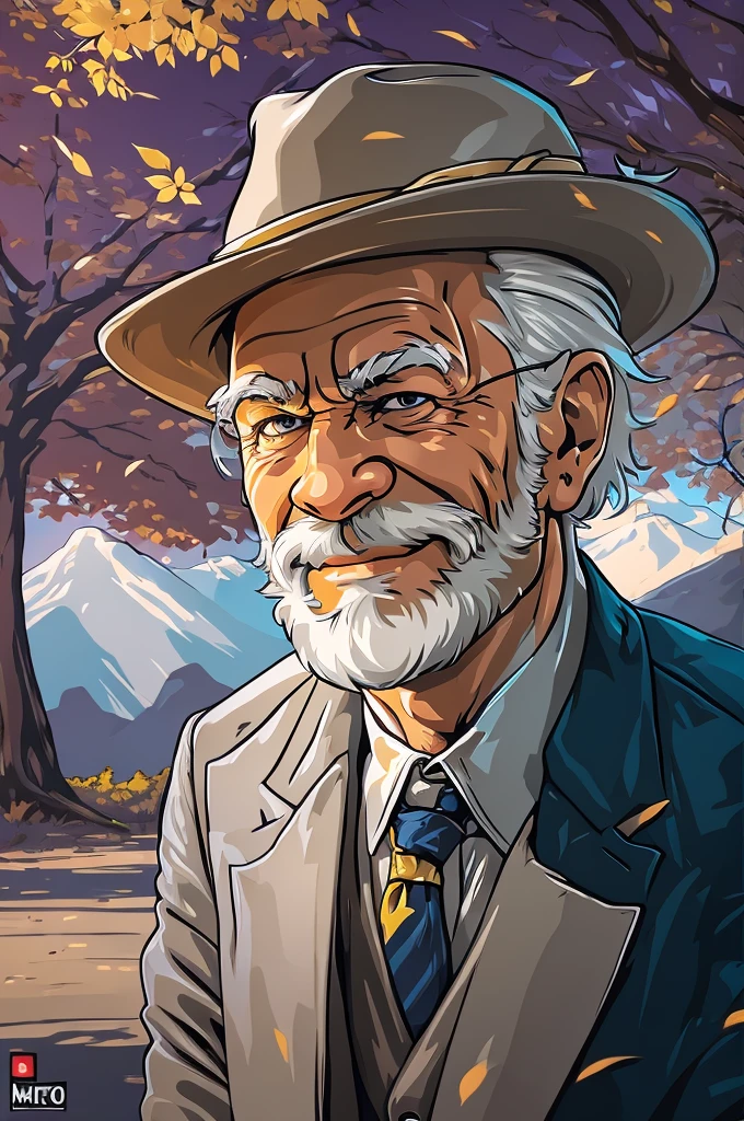 (portrait,elderly man:muscular,hairstyle:white hair,beard,smiling eyes,facial wrinkles), (background:park,green grass,trees,sunlight), (clothing:suits,fancy hat), (style:vector art,mwvector), (season:winter), (vibrant colors:rich blues and whites),(lighting:warm golden sunlight) (best quality,4k,highres), (ultra-detailed), (realistic), (sharp focus)