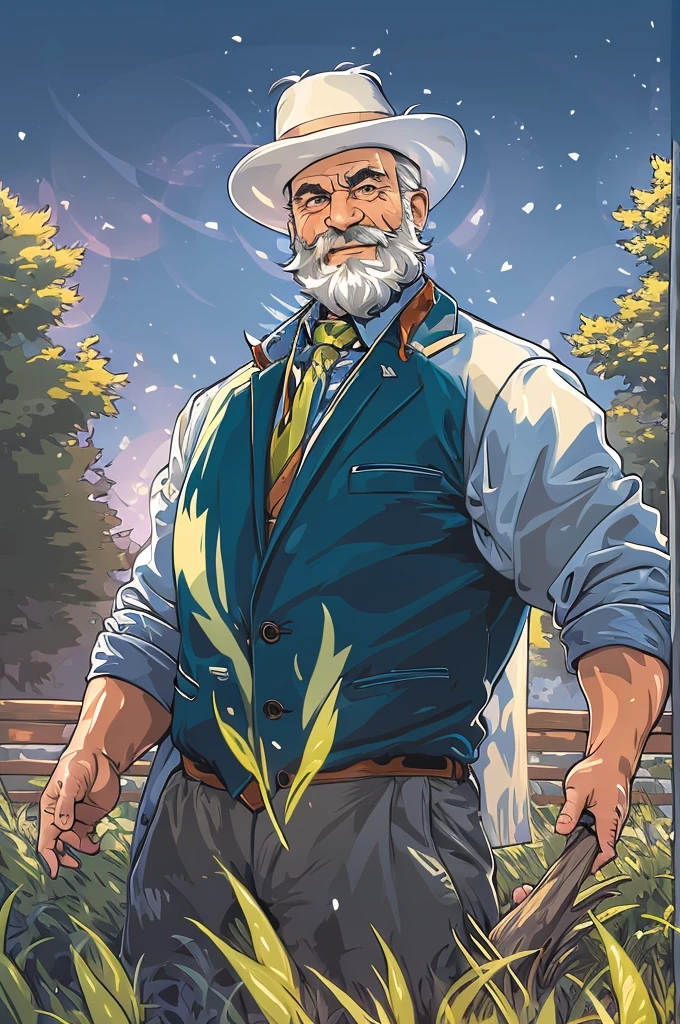 (portrait,elderly man:muscular,hairstyle:white hair,beard,smiling eyes,facial wrinkles), (background:park,green grass,trees,sunlight), (clothing:suits,fancy hat), (style:vector art,mwvector), (season:winter), (vibrant colors:rich blues and whites),(lighting:warm golden sunlight) (best quality,4k,highres), (ultra-detailed), (realistic), (sharp focus)