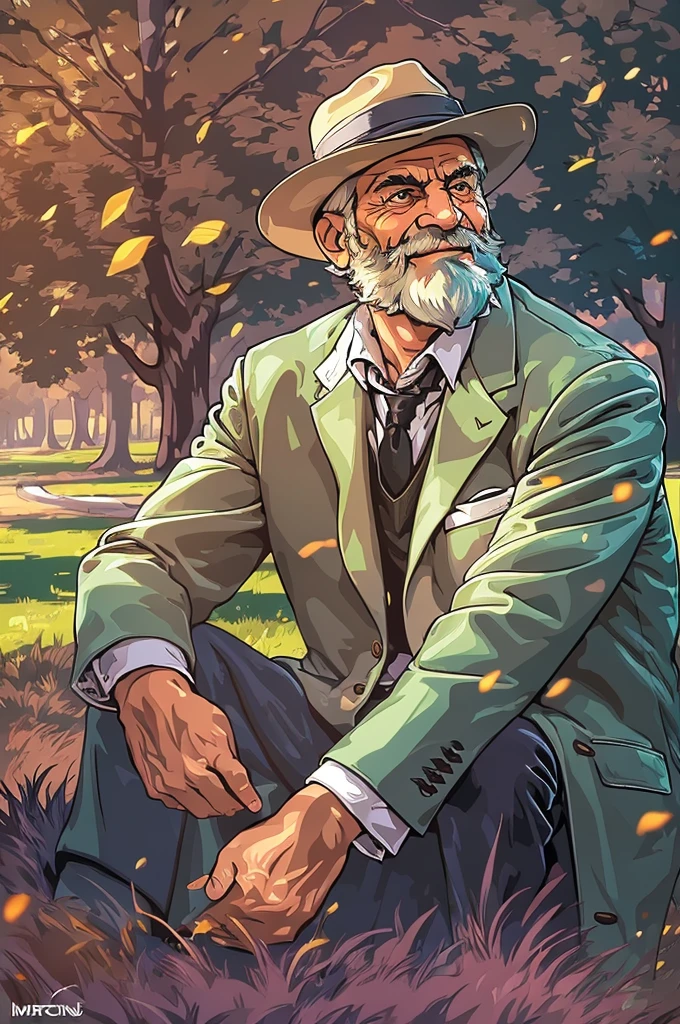 (portrait,elderly man:muscular,hairstyle:white hair,beard,smiling eyes,facial wrinkles), (background:park,green grass,trees,sunlight), (clothing:suits,fancy hat), (style:vector art,mwvector), (season:winter), (vibrant colors:rich blues and whites),(lighting:warm golden sunlight) (best quality,4k,highres), (ultra-detailed), (realistic), (sharp focus)