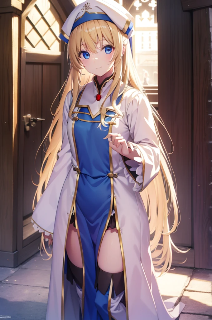 shrine maiden, shrine maiden, blonde hair, blue eyes, long hair, hair between eyes, (small breasts:1.0), smile, break boots, dress, frills袖, frills, have, white hat, pelvic curtain, high heels, robe, thigh boots, Thighhighs, white Thighhighs, long sleeve, plump sleeves, break looking at viewer, break indoors, church, break (masterpiece:1.0), highest quality, High resolution, unity 8k wallpaper, (figure:0.8), (detailed and beautiful eyes:1.0), highly detailed face, perfect lighting, Very detailed CG, (perfect hands, perfect anatomy),