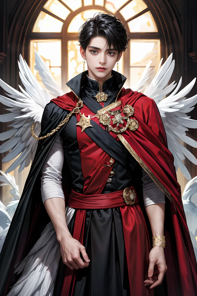 
masterpiece, 最high quality, high quality, 1 boy, alone, male focus, looking at the viewer,  Messy black hair, blue adorable big eyes, white people, Noble, Noble, beautiful angel、Big Feather、A very big, very big, very big, very long, long red and black cape made with a lot of fabric that reaches all the way down to the floor, 17 years old,cute beautiful boy,cute cute handsome boy