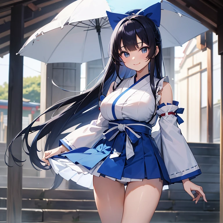 blue and white shrine maiden costume、Blue super miniskirt hakama、black hair straight、long hair、I don't wear anything on my feet、Blue Big Ribbon、big glazed eyes、bangs、big breasts、blue cuffs、Sleeves are dotted、Seductive thighs、A girl about 、tall height、Are standing、shrine background、Holding a naginata、smile、Have fun、Holding a naginata