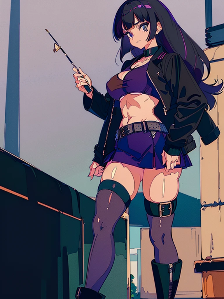 Kuroboshi_Kouhaku style, hokusai_\fgo\), ((topless)), nsfw, masterpiece, long black skirt, fishnet stockings, punk, belt, solo, 1 girl, erect nipples, nipples, navel, bare breasts, bare stomach, full body, city, wall graffiti, brick wall, alley, night, wall art, thin body, collarbones, slim waist, purple hair, short fluffy hair, detailed eyes, beautiful eyes, purple eyes, head ribbons, pale skin, paintbrush, thigh slit, leg straps, gold bracelet, smiling, sweaty body, looking away, bored, smoking pipe, body graffiti, choker, slim body, back against the wall, tall