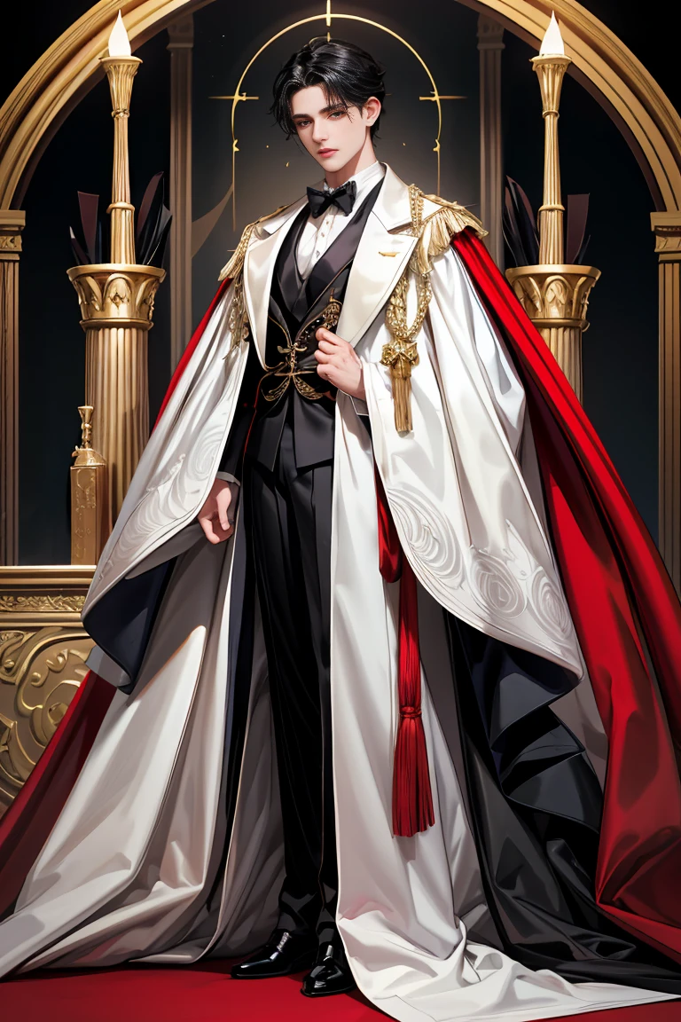 masterpiece, 最high quality, high quality, 1 boy, alone, male focus, looking at the viewer, whole body, Winning spirit_destiny, Messy black hair, blue adorable big eyes, white people, Noble, Noble, Noble的な吸血鬼、An elegant tuxedo,A very large, very tall stand-up collar, a very large, very long, long cape that reaches down to the floor, made of a lot of fabric, red and black., 17 years old,cute beautiful boy,cute cute handsome boy
