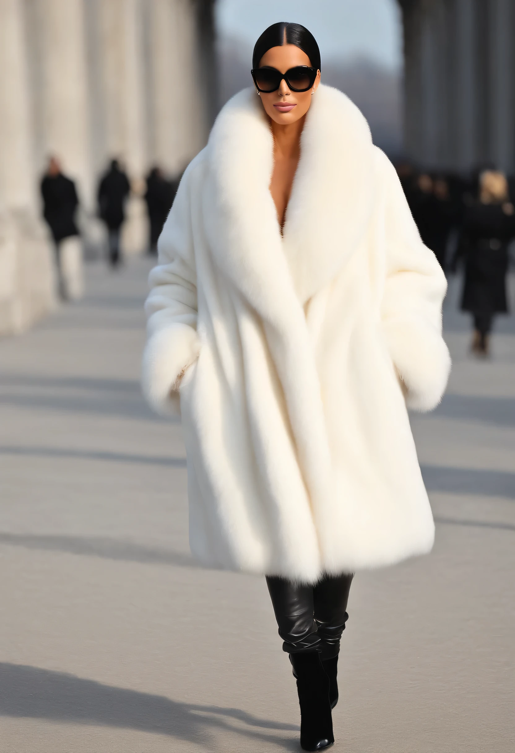 A very wide and very thick, manteau de fourrure extra long, en vison blanc, fifty centimeters thick, duveteux, naturel, with an ultra thick white mink fur collar, three layers, sur Kim Kardashian, fully nude profile view, she shows at Milan fashion week, bare shoulders, and two large breast discovered by the fur, 