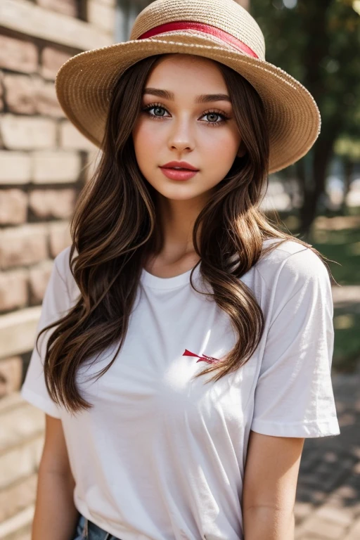 Arafedka with long brown hair and a white T-shirt, Portrait of Sophie Mudd, soft portrait shot 8k, sexy look at the camera, cute young woman, sweet seductive smile, beautiful gentle face, young cute face, beautiful delicate facial features, Beautiful teenage girl, short hair, square, hat, Red lipstick, makeup, red dark lipstick, curly hair, hat широкополая, милый makeup, arrows