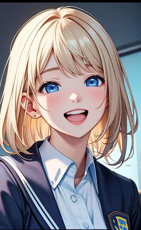 (realistic:1.4、masterpiece、top-quality、8k size wallpaper、offcial art)、(portrait,upper body:1.6)、(1girl),(very loud laugh,Open mouth:1.3),(half closed eyes),cute face,blue eyes、()、
,(stand),(Shining smile),(round face:1.3),
,(slender),(school uniform),(long fluorescence blonde hair1.3), (small breasts)、
、fluorescence、classroom,JK、