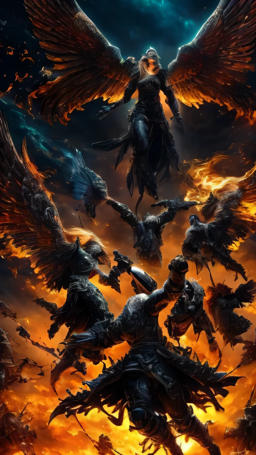 A chaotic battle scene unfolds between the forces of good and evil in the heavens. Many angels with majestic and vibrant wings are fiercely engaging in combat. The angels are adorned in golden armor, radiating strength and righteousness. Their eyes glow with determination, while their lips are set in fierce determination.

The medium used to depict this artwork is a vibrant and detailed oil painting. The rich colors and fine brushstrokes capture the intensity and dynamism of the battle. The scene is meticulously rendered with ultra-detailed precision, showcasing the incredible skill of the artist.

In this high-quality masterpiece, the viewer can witness the vivid colors and dramatic lighting that accentuate the epic clash between the celestial beings. The grappling angels are captured in sharp focus, their movements frozen in time. The lighting casts long shadows, adding depth and dimension to the heavenly battlefield.

The artwork exhibits a photorealistic style, blurring the boundaries between imagination and reality. The realism of the angels' features, the intricate detailing of their armor, and the fine textures of their wings transport the viewer into this celestial conflict. The overall color palette is vibrant, with an emphasis on contrasting shades of light and dark that highlight the battle's intensity.

The scene is illuminated by a heavenly glow, emanating from a divine source. The ethereal light bathes the angels, casting a luminous aura around them. The interplay of light and shadow creates a dynamic atmosphere, giving the artwork an otherworldly feel.

As the battle rages on, the viewer is captivated by the power and symbolism portrayed in this artwork. The clash between good and evil transcends the canvas, leaving a lasting impression on those who witness the grandeur and intricacy of this divine confrontation.

(best quality, 4k, highres, masterpiece:1.2), ultra-detailed, (photorealistic:1.37), vibrant colors, sharp focus, professionally rendered, 