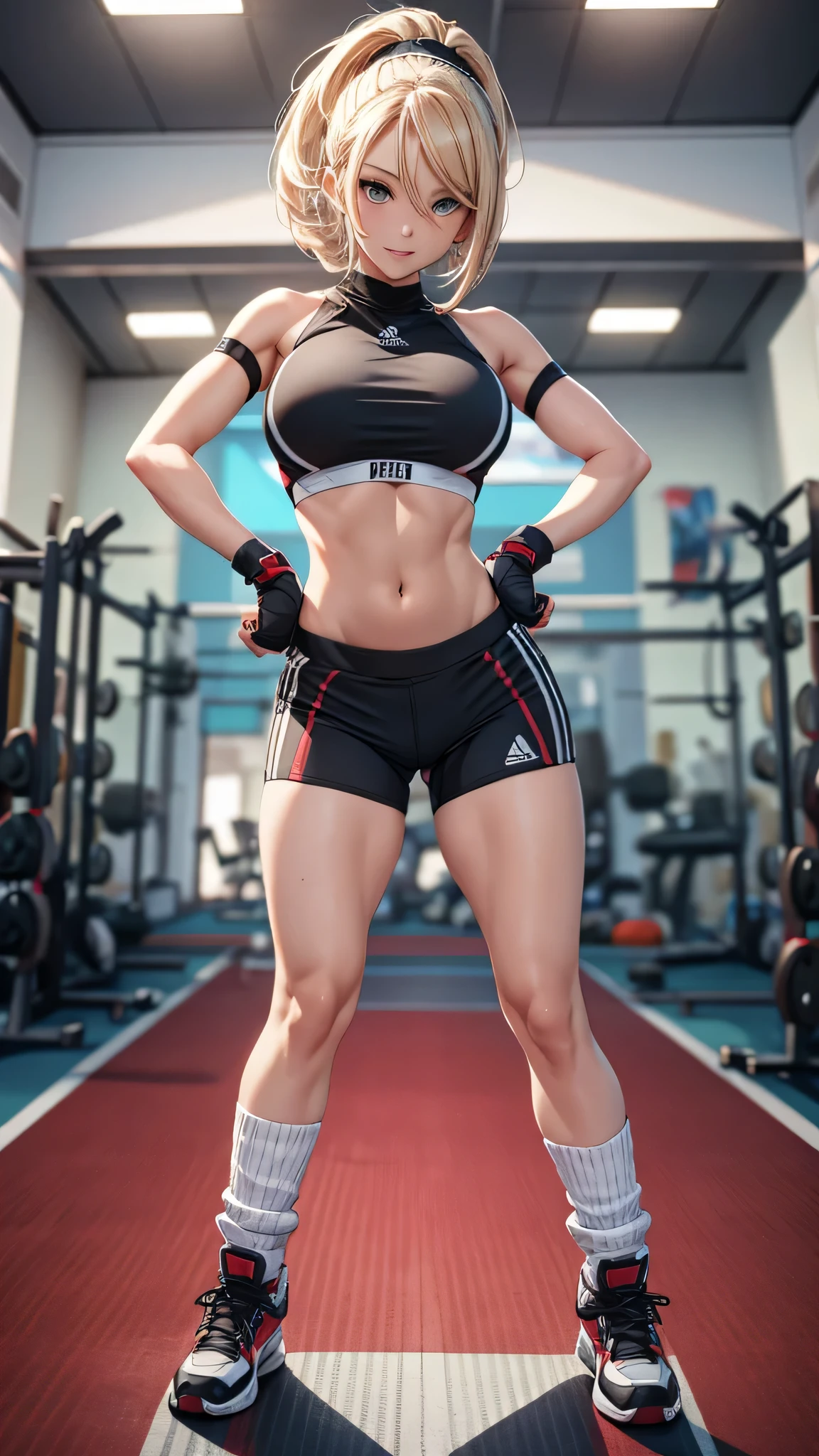(best quality,4k,8k,highres,masterpiece:1.2),ultra-detailed,(realistic,photorealistic,photo-realistic:1.37),full body,beautiful detailed eyes,beautiful detailed lips,extremely detailed eyes and face,longeyelashes,lean and fit body,confident smile,energetic pose,attractive appearance,colorful background,vibrant colors,studio lighting,bokeh,female artist,professional,blonde short bob hair,((forehead band)),aerobics instructor,grin,sweat,active lifestyle,sporty look,sports bra,shorts,((socks,race-up-long-boots-in-black)),flexible movements,slenderness body,shiny texture,sculpted figure,progressive fitness environment,positive attitude,healthy glow,fitness motivation,dedicated trainer
