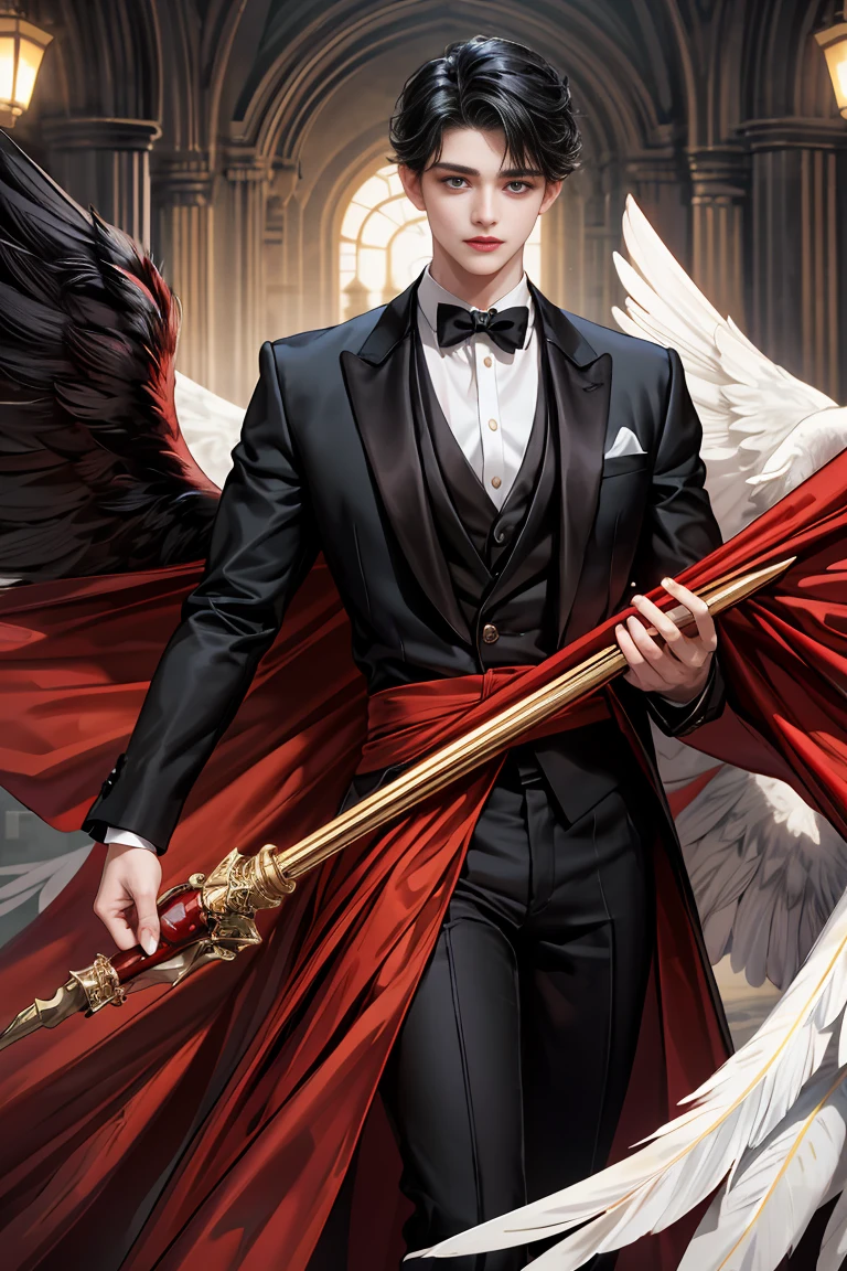 
masterpiece, 最high quality, high quality, 1 boy, alone, male focus, looking at the viewer,  Messy black hair, blue adorable big eyes, white people, Noble, Noble, beautiful angel、Big Feather、The tuxedo was accompanied by a very large, very large, very long, long red and black cape made of a huge amount of fabric that reached all the way down to the floor., 17 years old,cute beautiful boy,cute cute handsome boy