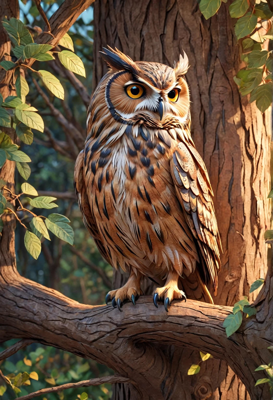 papercraft, cores ricas e vibrantes, an owl sitting in a tree, obra de arte, 8k, HDR, altamente detalhado, qualidade insana